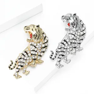 Tiger animal brooch pins with white rhinestones in gold and silver metal finishes