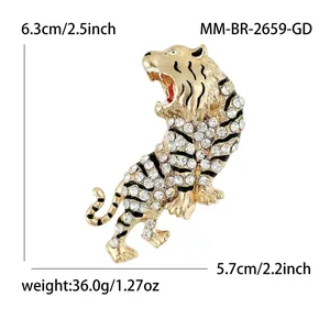 Tiger brooch in gold finish with crystals and black enamel stripes 6.3cm x 5.7cm