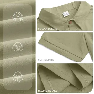 Detail view of linen polo shirt featuring wooden buttons and reinforced stitching