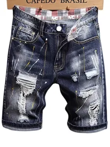 Short en Jean Déchiré pour Hommes Style Streetwear Américain Éclaboussures de Peinture Pantalon en Jean pour Été Décontracté