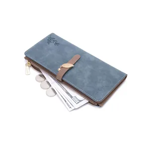 Lange Damen-Brieftasche aus blauem PU-Leder mit Blattanhänger und Druckknopf