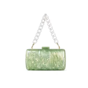 Acrylic Marble Pattern Evening Clutch Bag Vintage Hard Shell Box Purse With Metal Chain For Women Party Prom Elegant