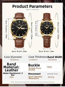 Detaillierte Größentabelle für Pärchen-Quarzuhren mit Lederarmband und Goldgehäuse