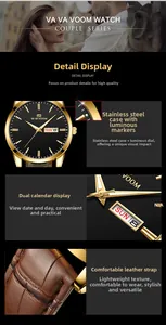 Detailansicht der goldfarbenen Quarz-Armbanduhr mit Lederarmband und Doppelkalender
