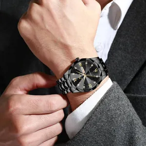 Men's business watch in black steel with faceted glass and dual calendar display