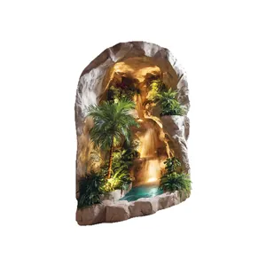 Rock waterfall desktop fountain with LED lighting and faux tropical plants decor