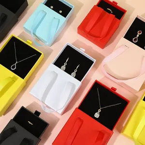 Colorful drawer style jewelry gift boxes with ribbon handles for rings and necklaces