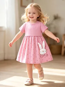 Little Maven Filles Rose Coton Manche Courte Robe Mignon Lapin 3D Floral Patchwork Été Enfants Princesse Robe de Fête