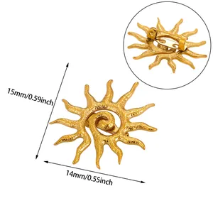 Detail der 15mm goldenen Sonnenbrosche mit Abmessungen und Sicherheitsverschluss