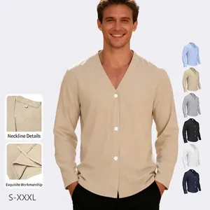 Men Knit Cardigan Shirt V-Neck Button Down Long Sleeve Slim Fit Linen Blend Breathable Casual Lightweight Top