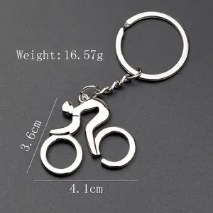 Silver metal bicycle keychain with cyclist silhouette design and dimensions weight specs