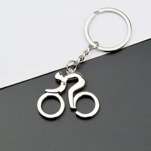 Polished silver bicycle sports keychain with hollow minimalist cyclist pendant
