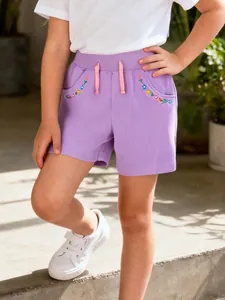 Meisjes Zomer Katoenen Shorts Elastische Taille Casual Sportbroek Met Bloemig Borduurwerk Voor Kinderen Peuter Meisje