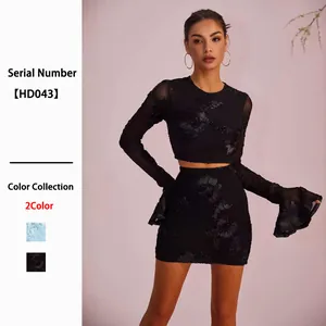 Ensemble Jupe Femme Sexy Dos Nu Floral 3D Brodé Élégant Maille Manches Cloche Haut et Bas Soirée Clubwear
