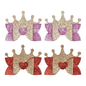 Glitter crown and bow hair clips for girls, set in red and pink sparkling princess styles