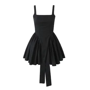 Elegant black mini dress with square neckline and bow tie back for women
