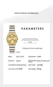 Größentabelle für Quarzuhr 51179 mit Maßen wie 30mm Gehäuse und 257mm Armbandlänge