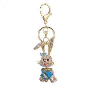 Cartoon rabbit keychain with sparkling blue rhinestones and gold metal lobster clasp