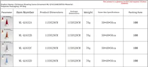 Detailed size chart for Christmas glowing gnome ornaments with battery specifications