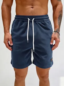Men Corduroy Shorts Ribbed Texture Elastic Waist Drawstring Navy Blue Casual Summer Bottoms Sports Gym Shorts For Men