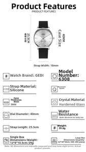 Detailed technical diagram showing dimensions of the quartz watch with silicone strap