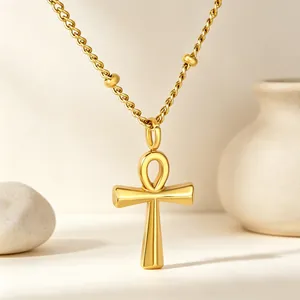 Ankh Cross Pendant Necklace Stainless Steel Gold Plated Bead Satellite Chain Egyptian Style Minimalist Jewelry For Women