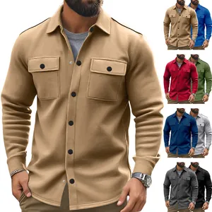 Men's slim fit fleece jacket with lapel collar and chest pockets in khaki color