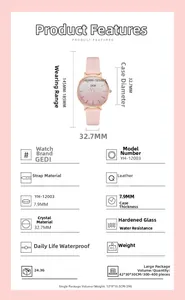 Detailed specs of GEDI quartz watch featuring pink gradient dial and leather strap