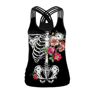 Women's black Halloween camisole with skeleton floral print and criss-cross back straps