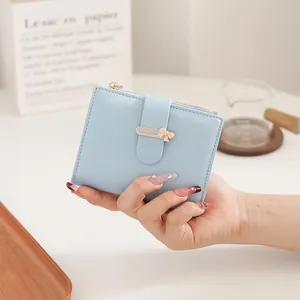 Detail of light blue short wallet with bow clasp and gold zipper in a hand
