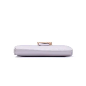 Detail view of light purple PU leather wallet showing fine cross texture and gold buckle
