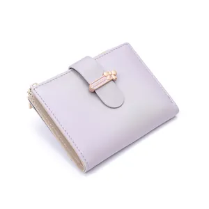 Lavender purple PU leather short bifold wallet with gold bow buckle and zipper