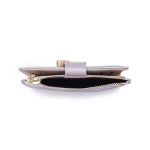 Short PU leather wallet for women with gold zipper and snap buckle in light purple