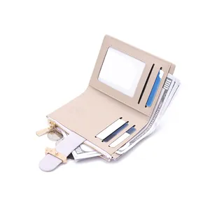 Detail of short PU leather wallet with multi-card slots and leaf zipper pull