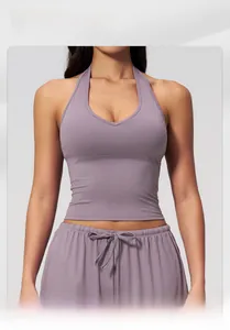 Close-up of lilac brushed yoga vest with V-neck halter design and high elastic texture