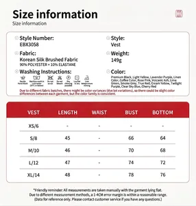 Detailed size chart for V-neck yoga sports vest showing fabric specs and measurements