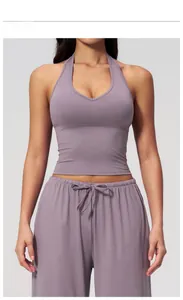 Front view of v-neck yoga vest and matching jogger pants in Smokey Dusk Purple color