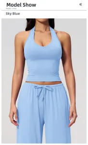 Sky blue padded yoga tank top with V-neckline and elastic waist sweatpants set