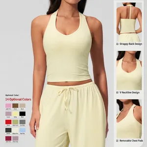 Women V-neck yoga tank top and drawstring wide-leg pants set in pale yellow color