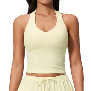 Slim fit light yellow brushed yoga vest with V-neck and halter back for fitness training