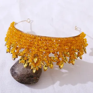 Couronne de mariée luxueuse en cristal ambre avec perles dorées pour fêtes et bals