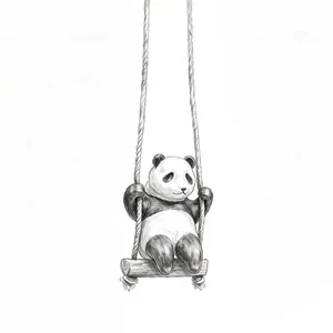Detailed sketch of a realistic panda sitting on a wooden rope swing on white background