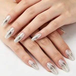 Silver Black Flame Press On Nails Ballerina Coffin Long Fake Nails Glitter Smudge Pattern Fashion Manicure For Women Daily