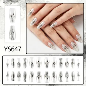 Silver marble glitter coffin false nails set with 24 pieces for women