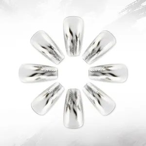 Detailed view of medium ballerina press-on nails with black marble flame and silver glitter