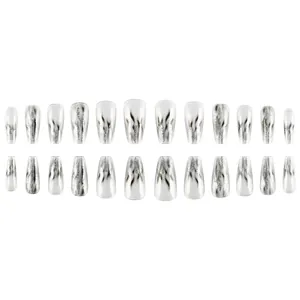 Glossy black flame medium ballet press-on nails with silver glitter marble design
