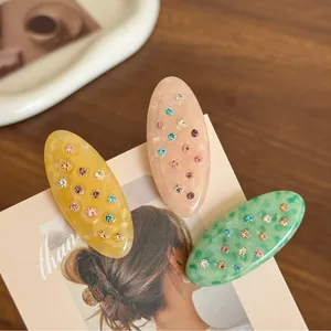 Acetate Oval Hair Clip With Colorful Rhinestone Korean Style Duckbill Side Clip Marble Pattern Hair Accessories For Women