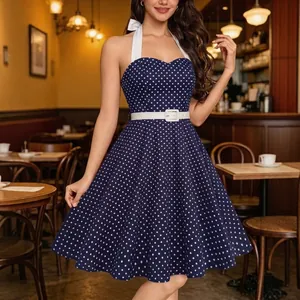 Women Vintage Retro Polka Dot Halter Neck Midi Dress Slim Fit Swing A-Line Dress With Belt For Party Daily Cocktail