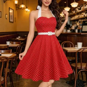 Vintage red polka dot halter dress with sweetheart neckline and white belt