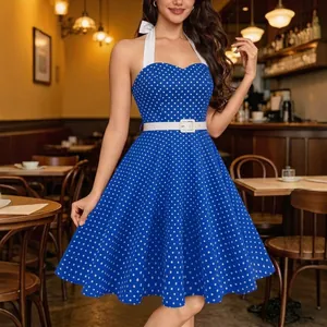 Vintage 1950s style polka dot dress with halter neck and white belted waistline